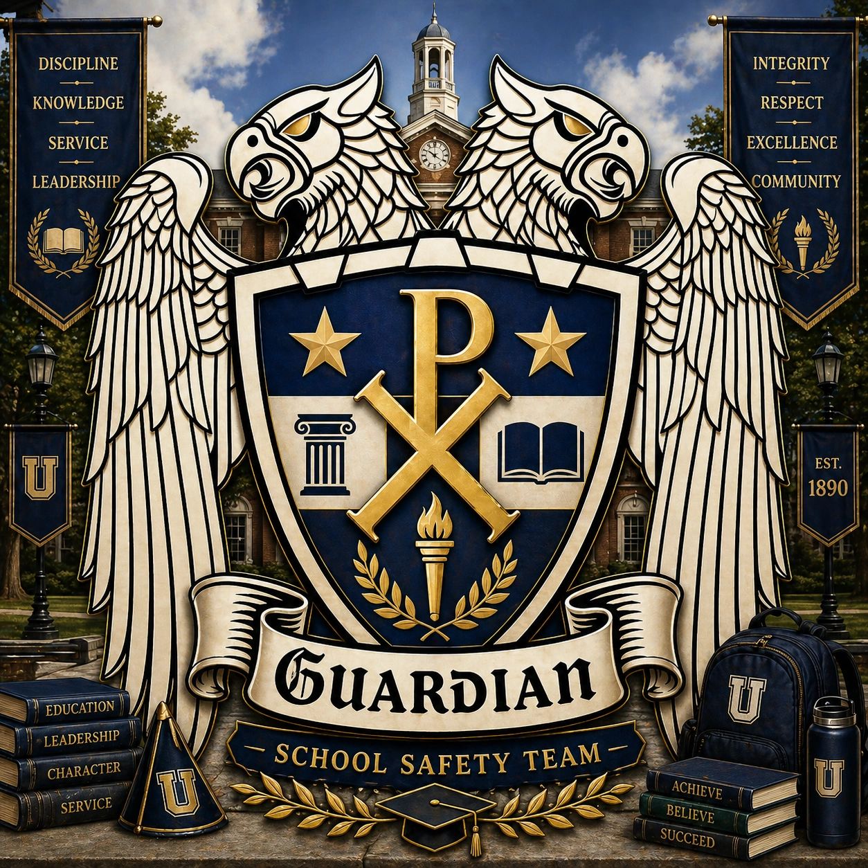 Guardian Academy School Safety Team emblem with values and books symbolizing education and leadershi