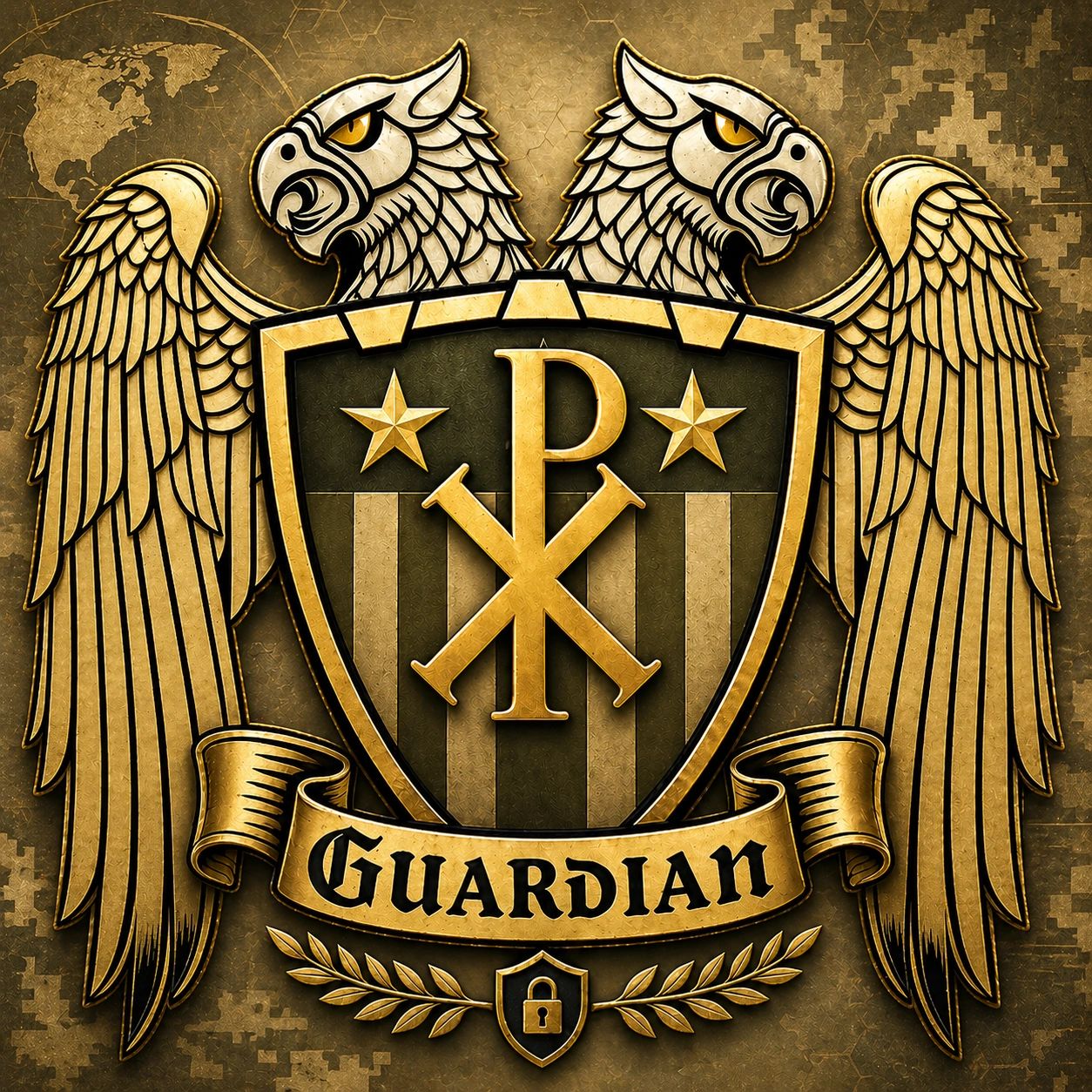 A golden guardian emblem with two eagle heads and wings.