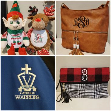 Personalized plush animals. Monogrammed cross body purse and buffalo plaid clutch.