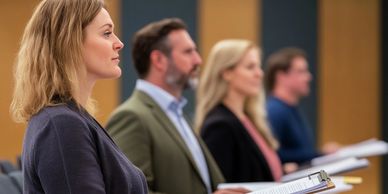 Four professionals attentively listening in a meeting or presentation.