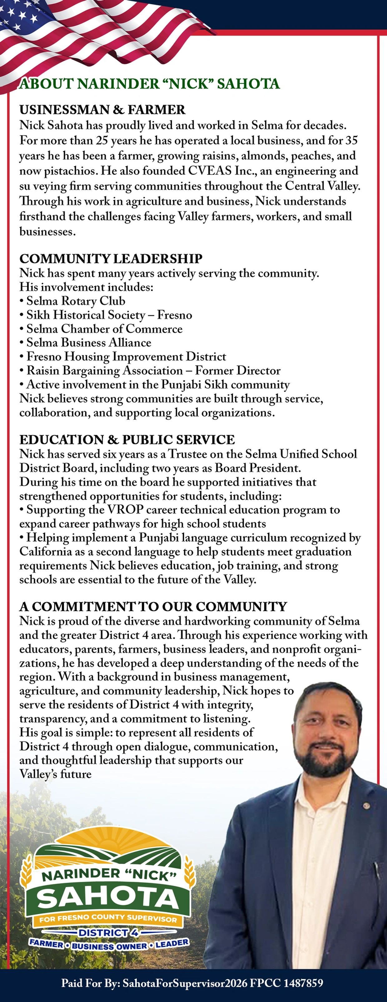 Campaign flyer for Narinder "Nick" Sahota, Fresno County Supervisor candidate.
