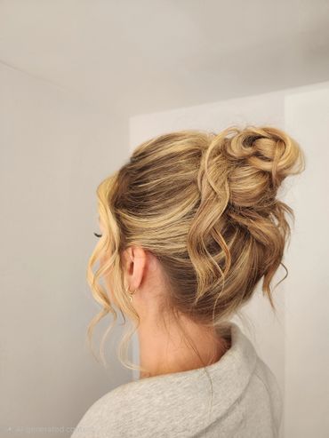 Elegant messy bun hairstyle with loose curls framing the face.