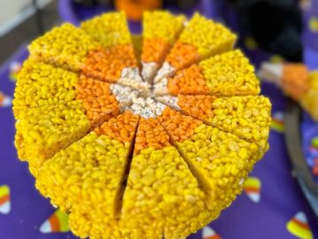 rice cereal rounds colored and decorated like candy corn.