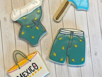 bathing suits and umbrella cookies with mexico beach bag
