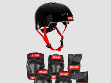 Black helmet and protective pads with red straps for skating or biking.