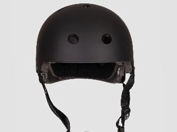 Black protective helmet with ventilation holes and adjustable straps.