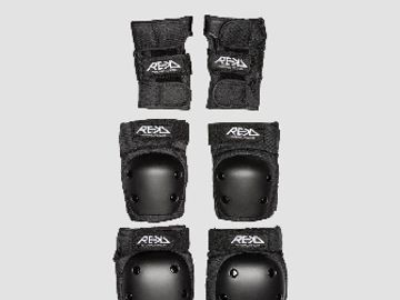Set of black protective wrist, elbow, and knee pads for sports.