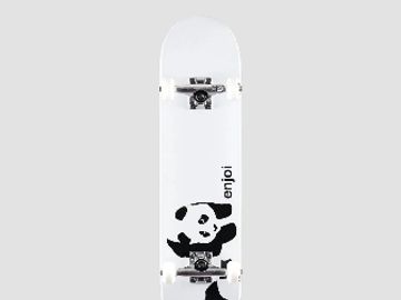 White skateboard with a black panda graphic and 'enjoy.' text.