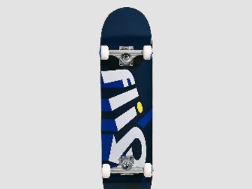 Blue skateboard with white wheels and bold FILA logo design.