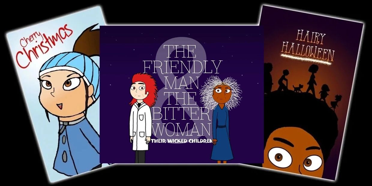 Three animated holiday-themed posters featuring Christmas, Halloween, and a mysterious duo.