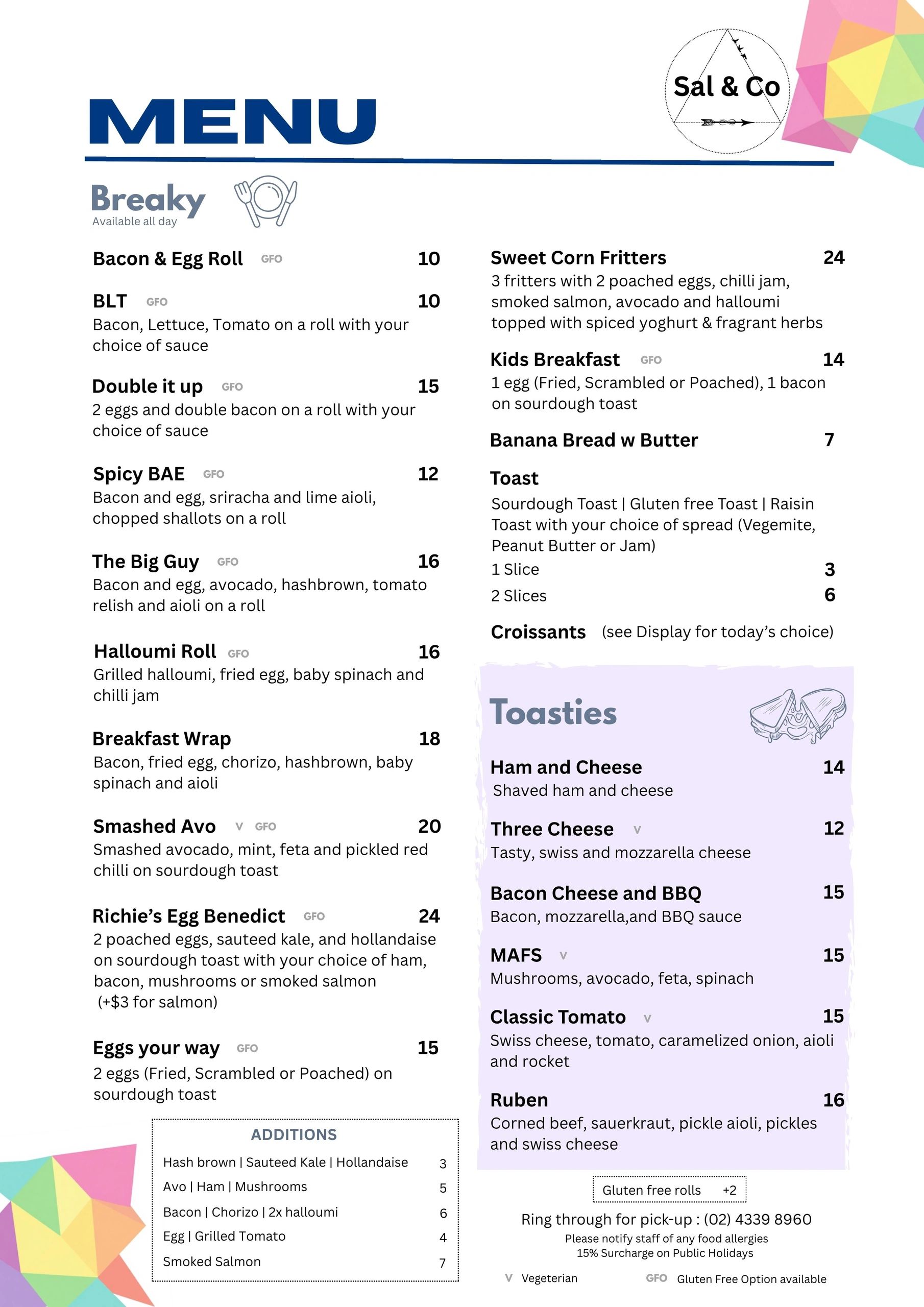 Breakfast menu with various rolls, toasties, and additions.