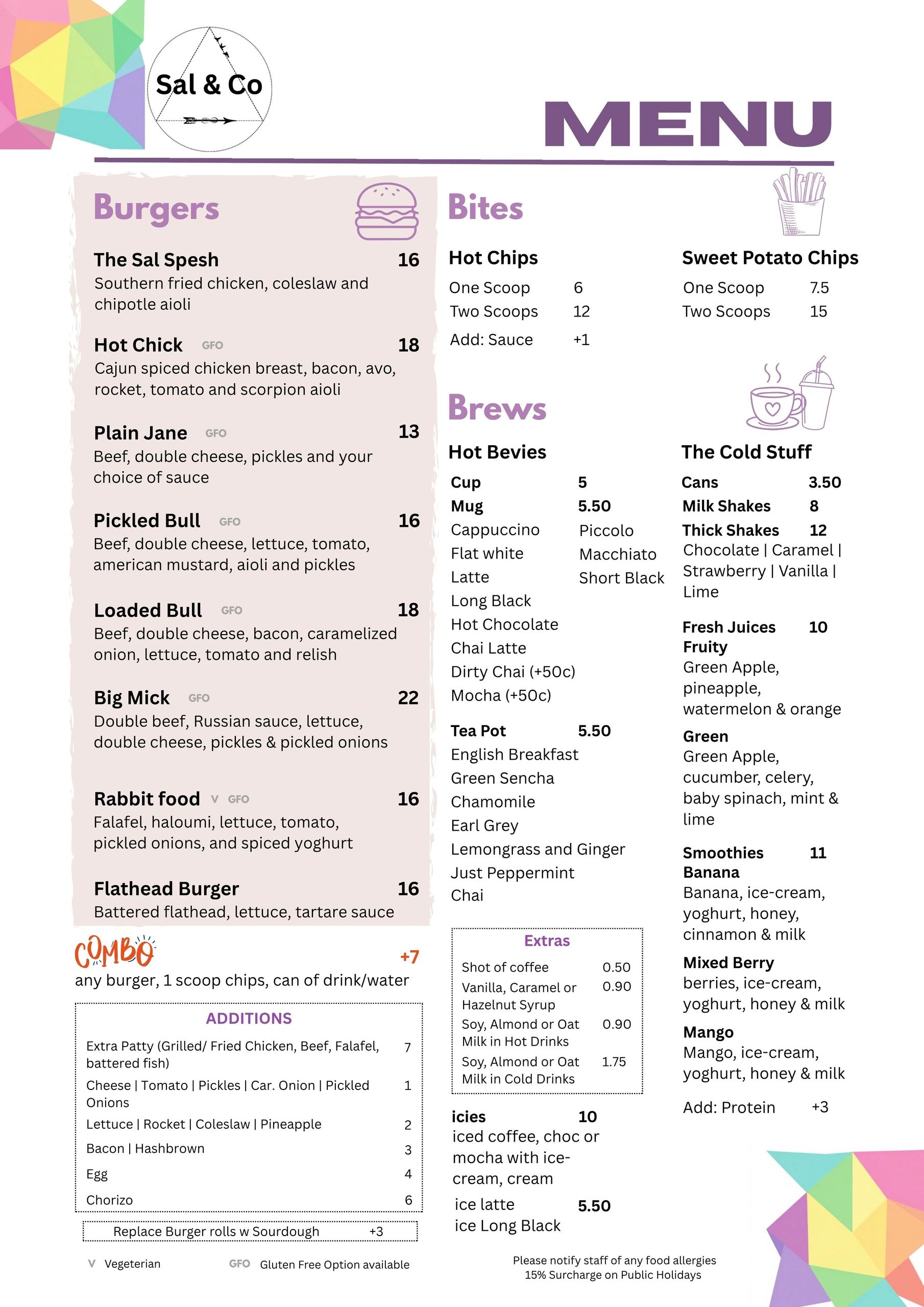 Sal &amp; Co menu with burgers, bites, brews, and cold drinks options.
