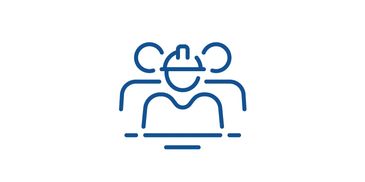 Icon of three people with one wearing a hard hat, symbolizing teamwork or construction.