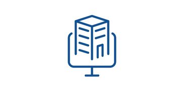 Blue building icon inside a computer monitor outline.