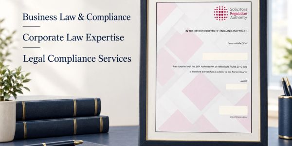 Legal and business law services showcased with framed certificate.