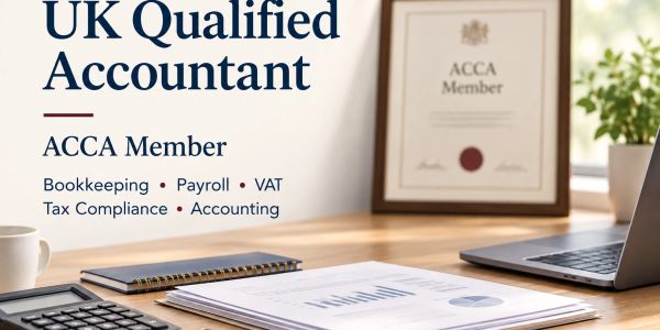 Advertisement for UK qualified accountant services mentioning ACCA membership.