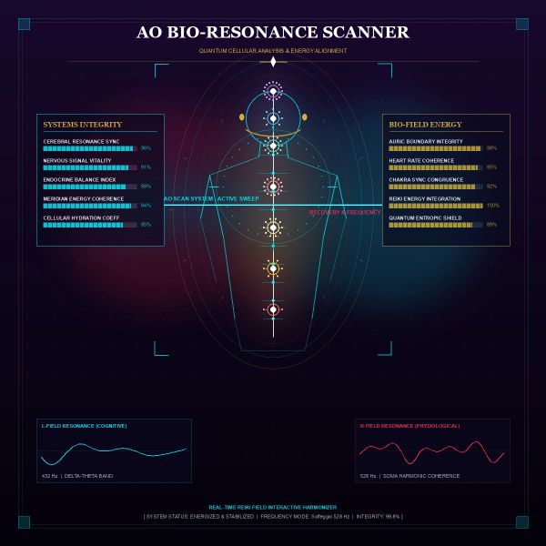 AO Bio-Resonance Scanner showing system integrity and energy levels.