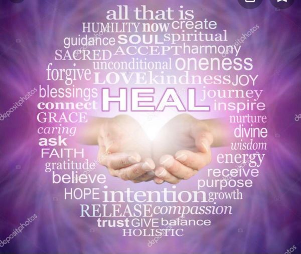 Hands glowing with healing and spiritual words.