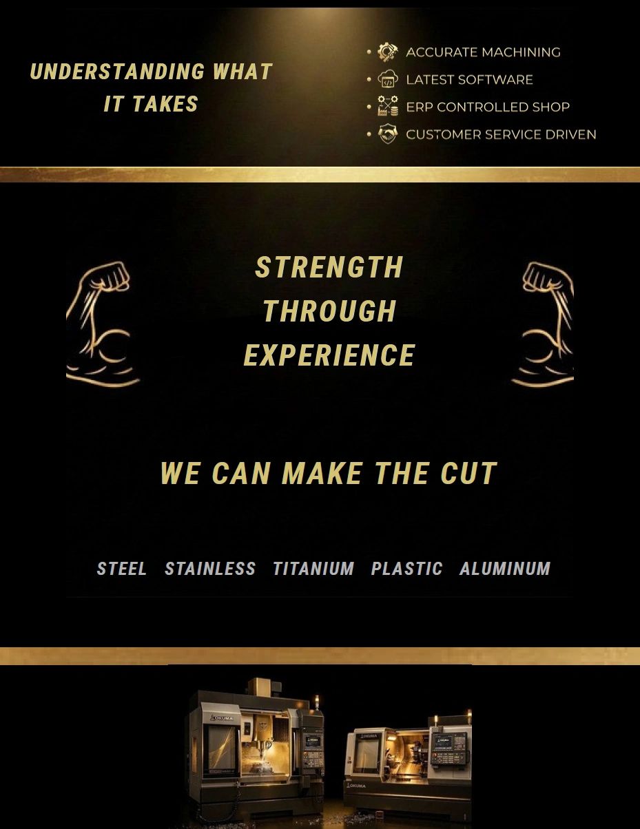 Machining services with expertise in steel, titanium, and more, emphasizing strength through experience.