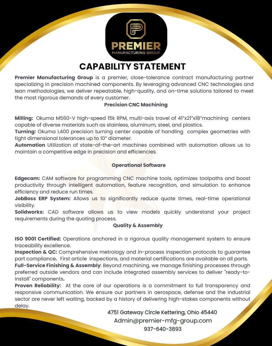 Premier Manufacturing Group capability statement for precision CNC machining and quality assembly.