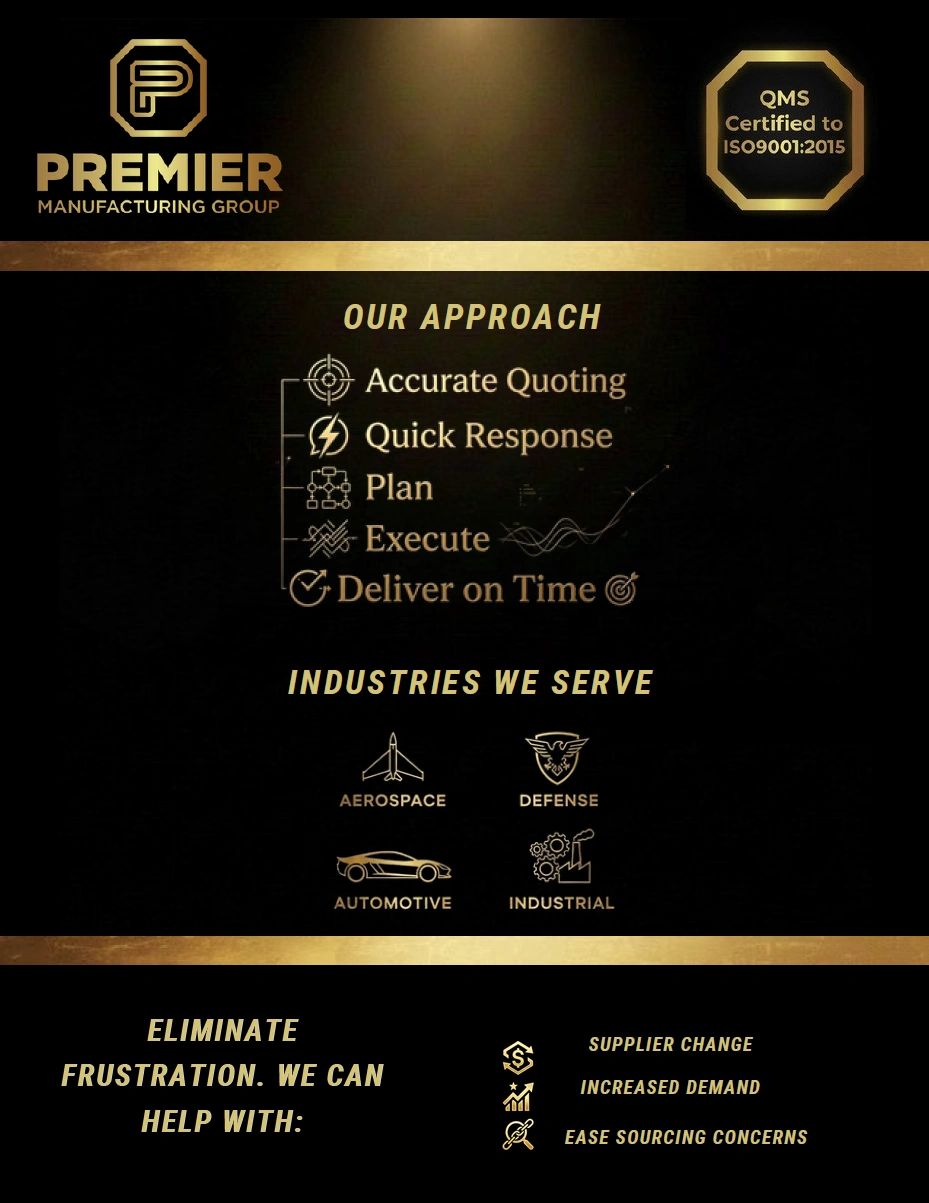 Premier Manufacturing Group highlights accurate quoting and timely delivery for aerospace, defense, automotive, and industrial sectors.