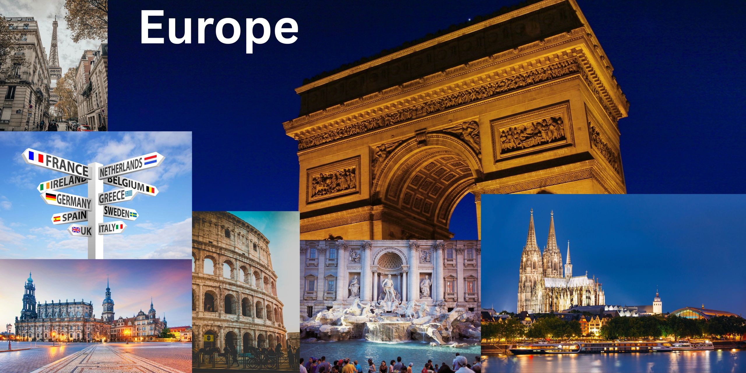 Collage of iconic European landmarks and country signs.