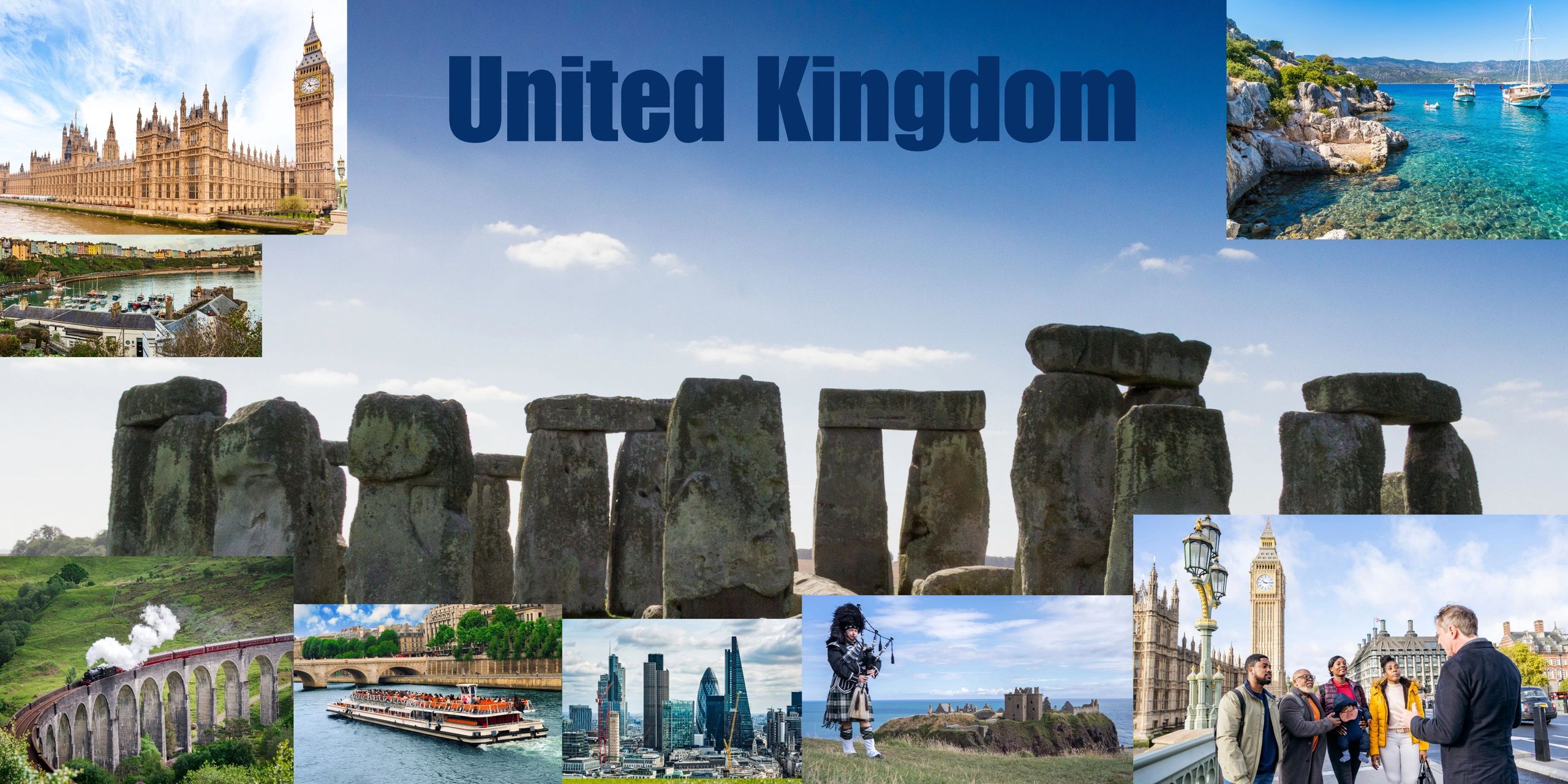 Collage showcasing iconic landmarks and cultural scenes of the United Kingdom.