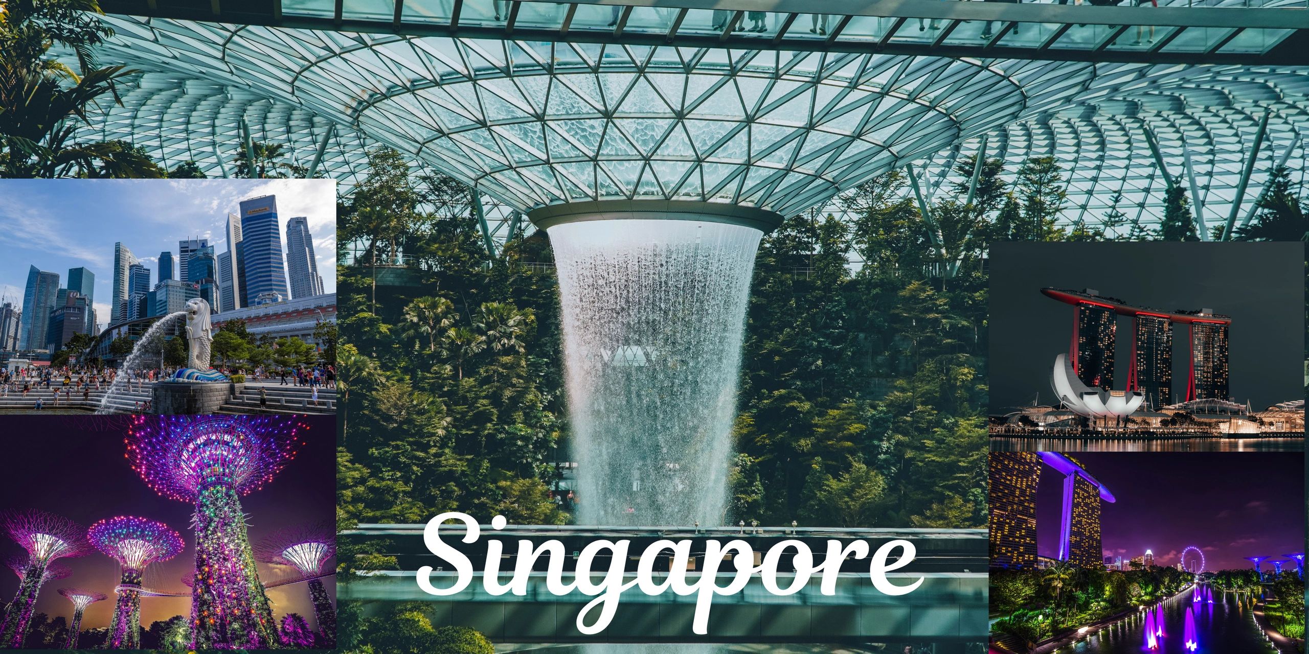 Collage of iconic Singapore landmarks and night views.