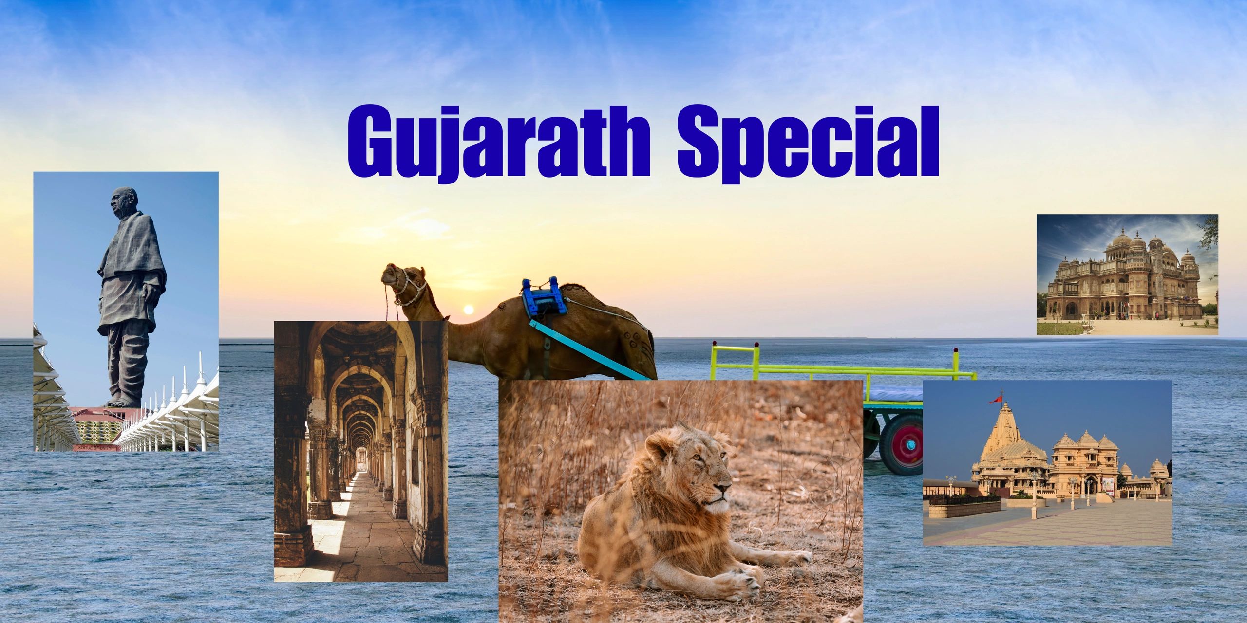 Collage showcasing Gujarat's iconic statue, architecture, wildlife, and camel cart.
