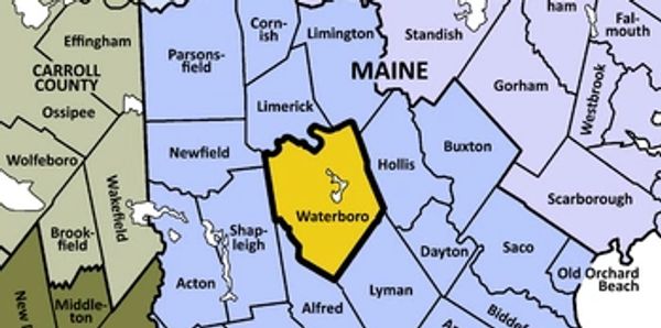 Map highlighting Waterboro in Maine with surrounding towns.