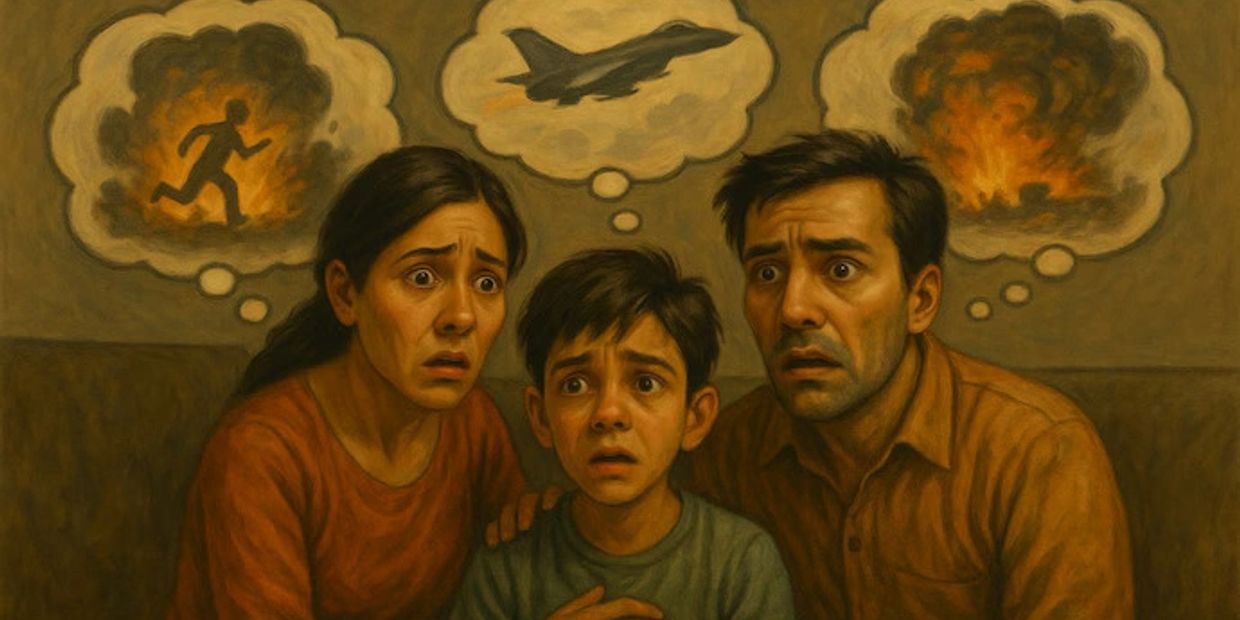 AI-generated image of a family of 3 people. A man, a woman and a child who are scared due to the war