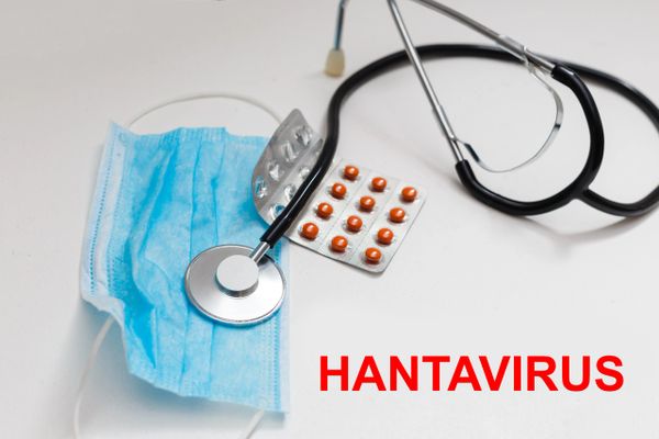 Medical tools and pills with the word HANTAVIRUS.