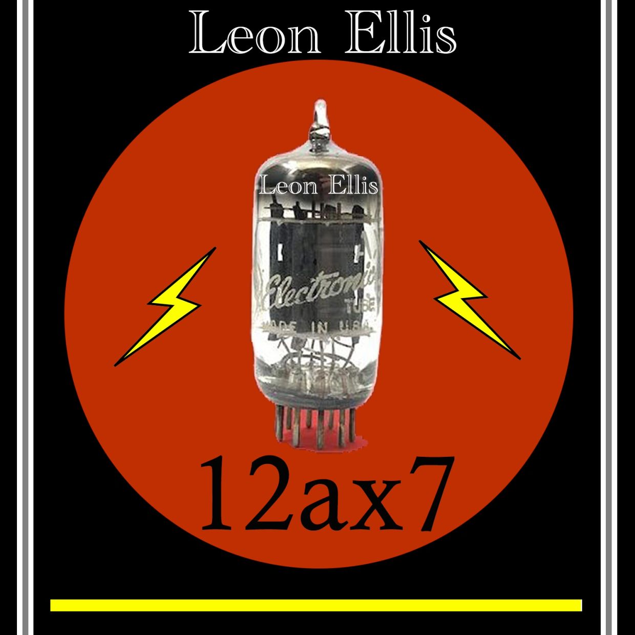 Vintage Leon Ellis 12ax7 electronic tube with lightning bolt symbols.
