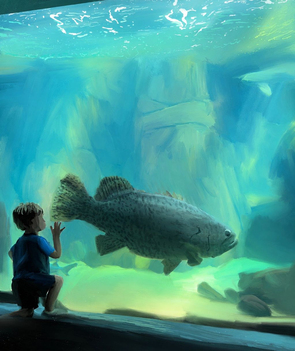 A child watches a large fish in an aquarium with blue-green water.
