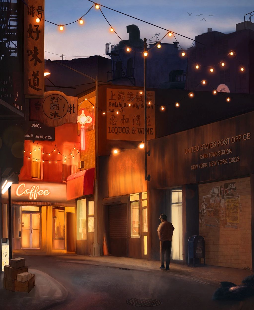 Evening street scene in Chinatown with warm lights and a lone person near a post office.
