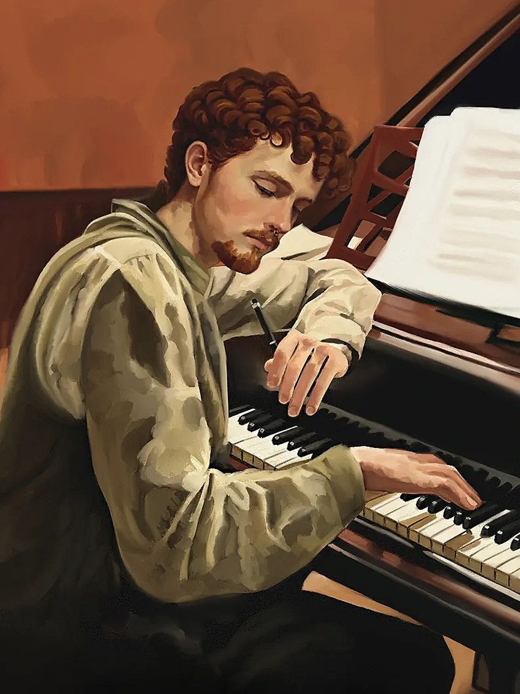 A man composing music at the piano with concentration.