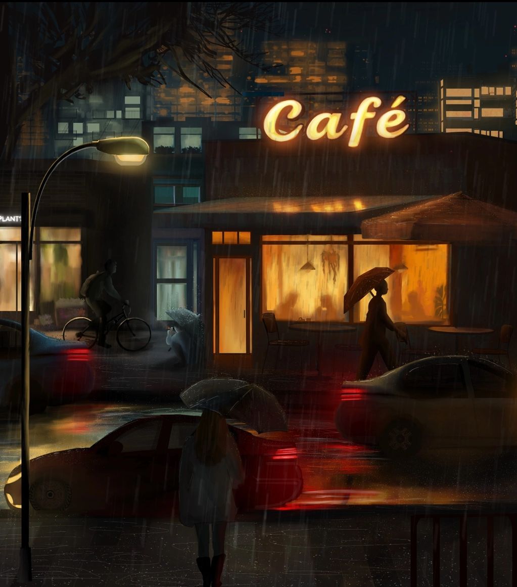 Rainy night outside a warmly lit café with people and vehicles.