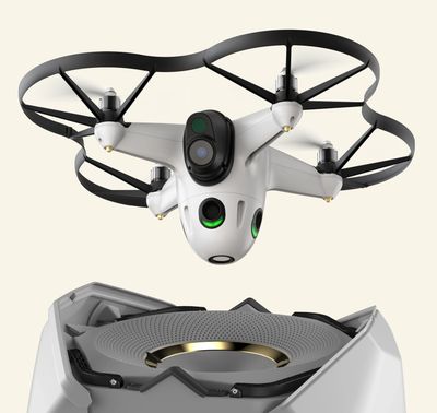 AI-Powered Drone returning from a mission to recharge in it's secure docking station
