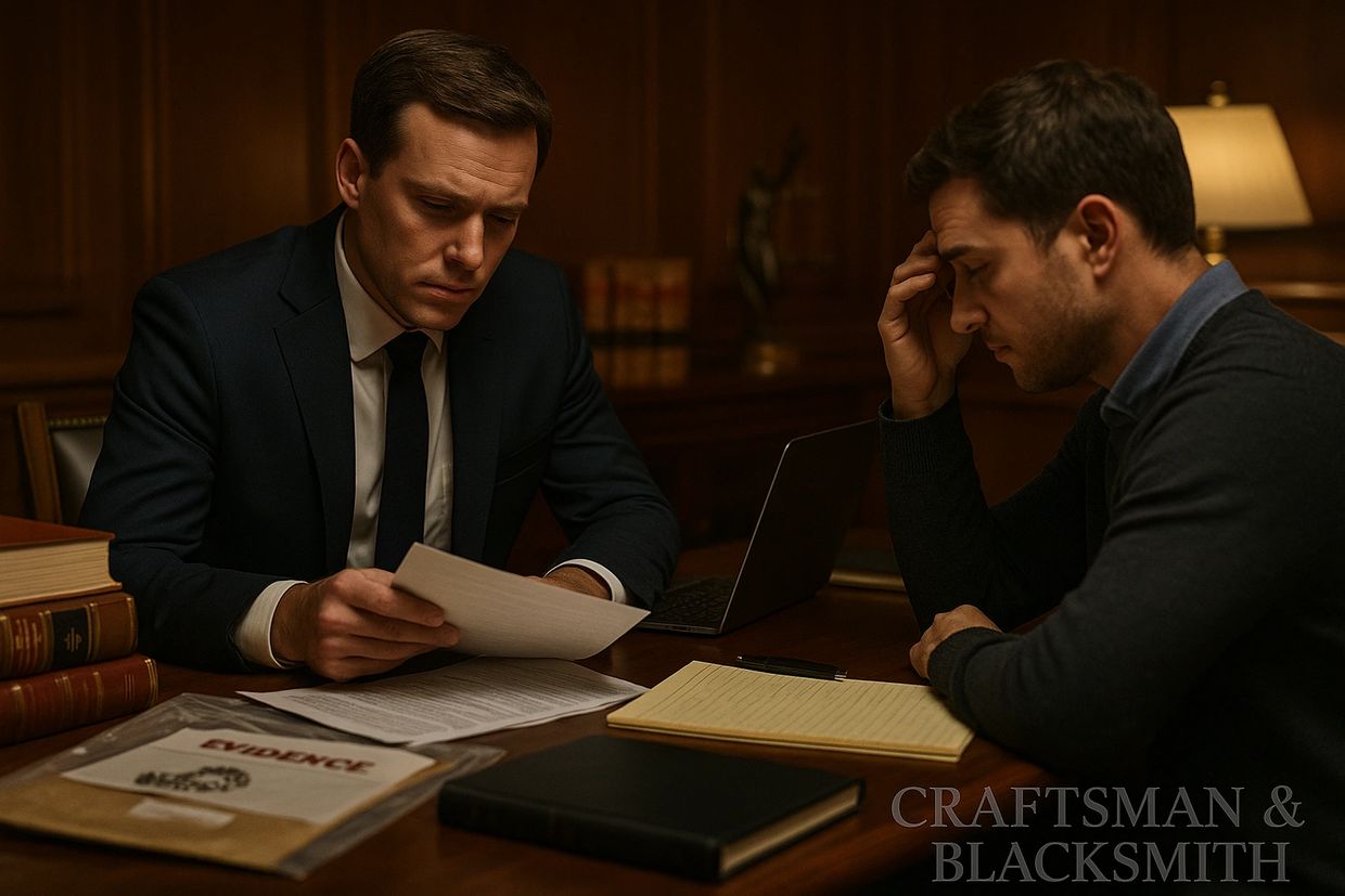 Two men intensely reviewing legal documents in a dimly lit office.