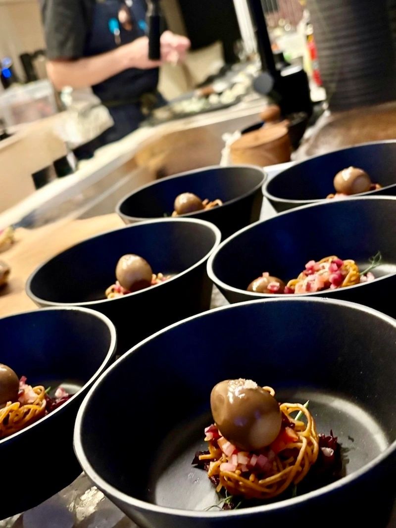Dish with ramen quail egg on crisp nest