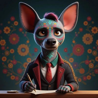 Anthropomorphic dog with colorful face paint writing at a desk.