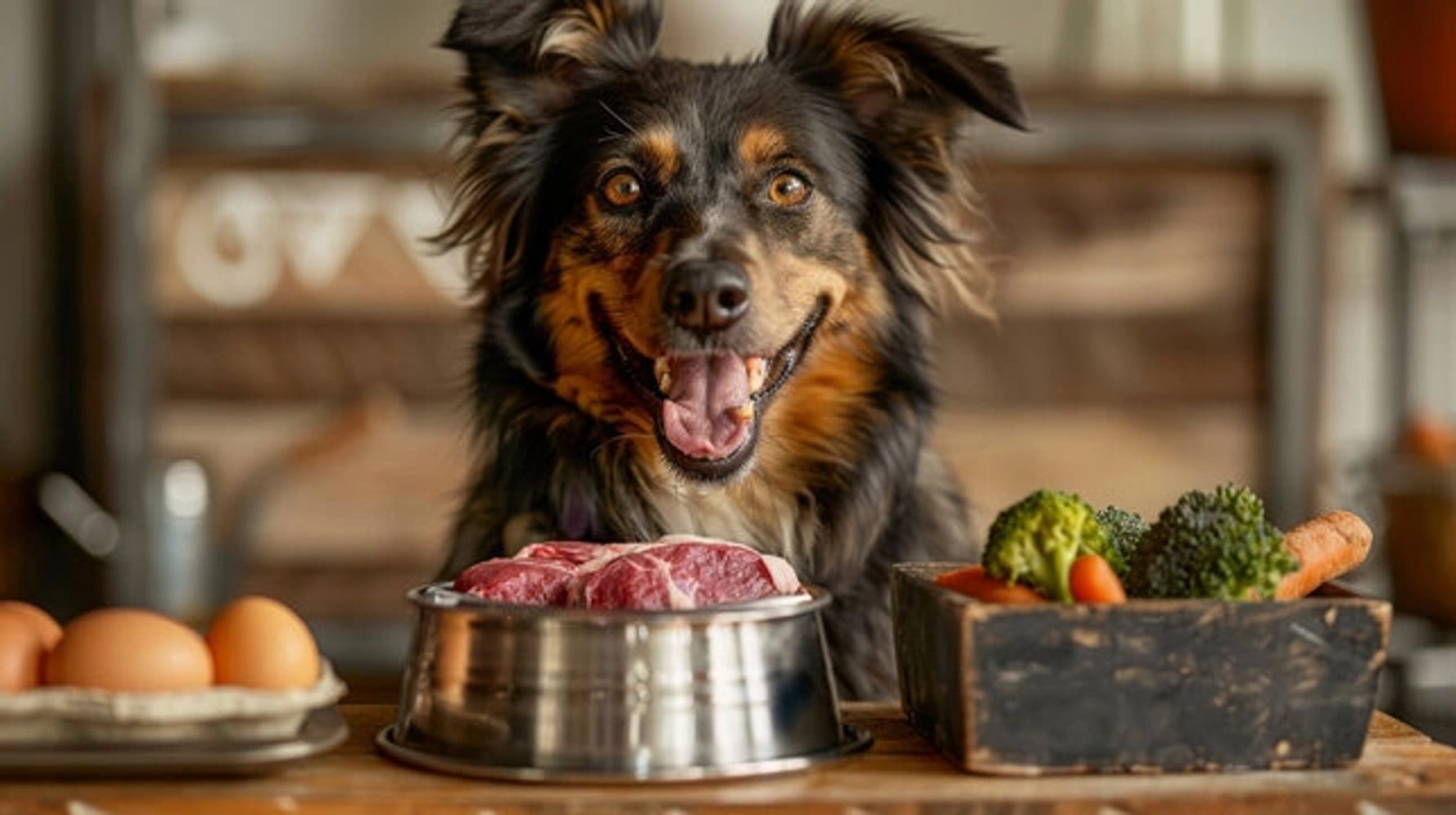 Happy dog with a bowl of raw meat and fresh vegetables on the table.