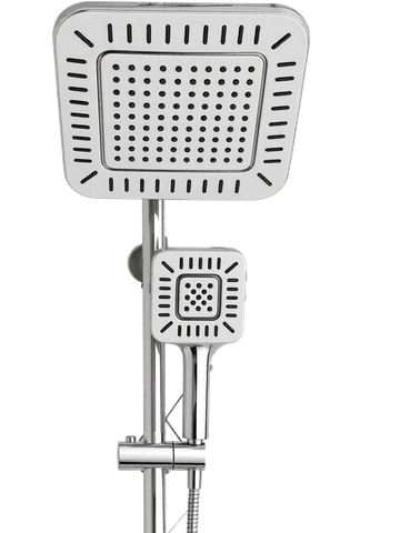 Modern dual showerhead system with square design and chrome finish.