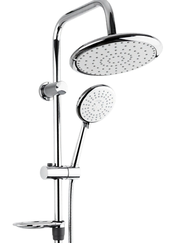 Modern chrome dual showerhead with adjustable height and soap dish.