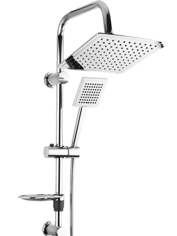 Modern chrome dual showerhead with adjustable rail and hose.