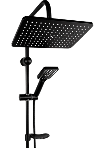 Modern black dual shower head system with square design.