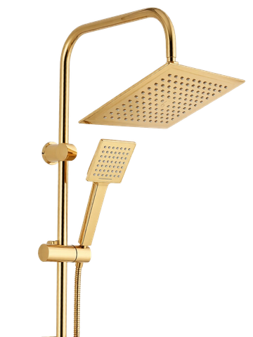Elegant gold dual showerhead system with square design.