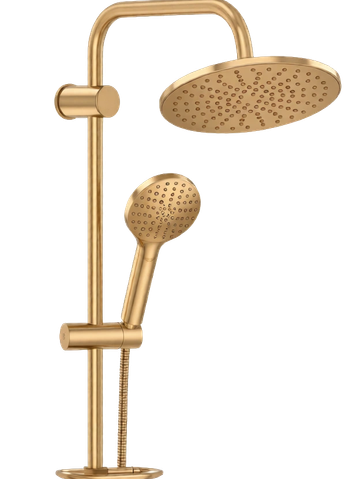 Elegant gold dual shower head with overhead and handheld options.