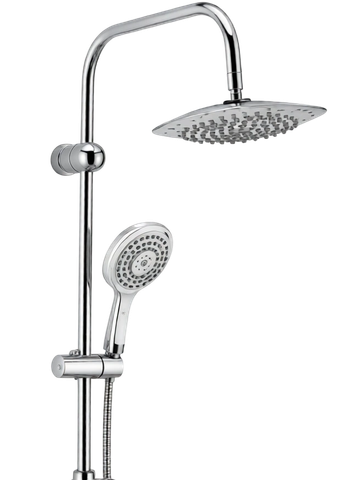 Modern chrome dual showerhead with adjustable handheld sprayer and overhead rain shower.