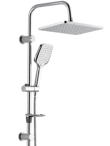Modern chrome dual shower head with square overhead and handheld sprayer.